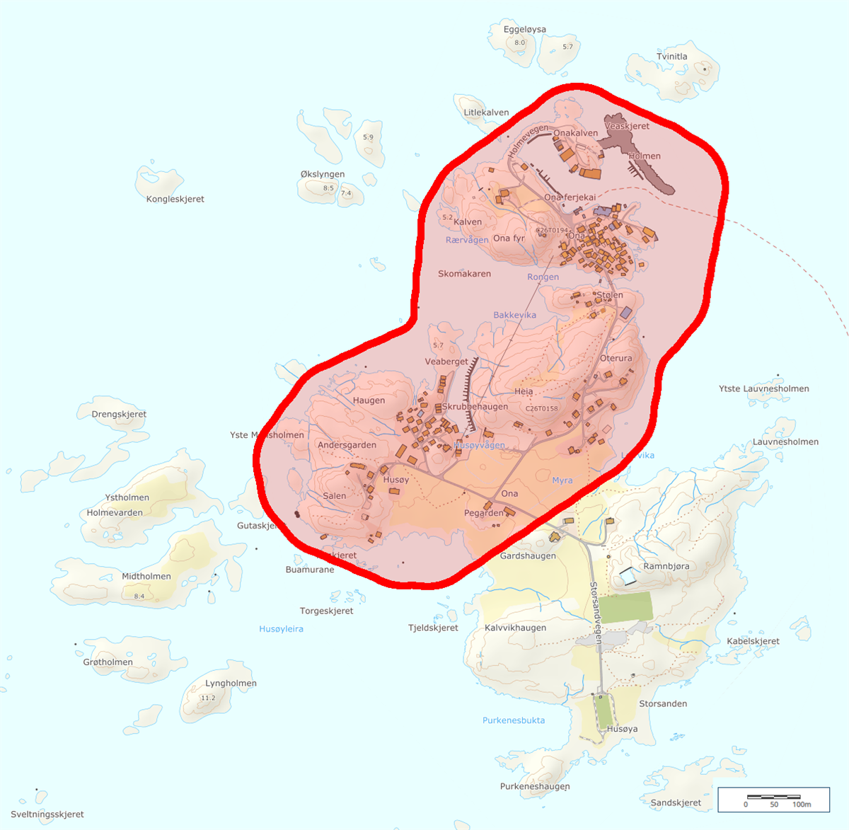 Kart: Forbudssoner for bruk av fyrverkeri på Ona og Husøya - Klikk for stort bilde